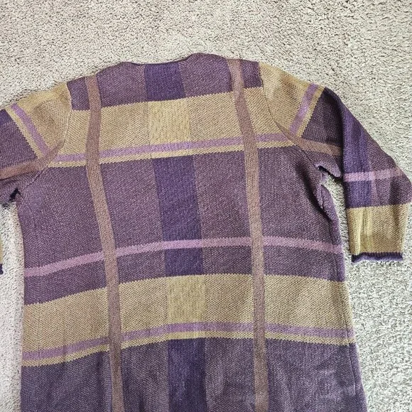 CJ Banks Long Open Front Cardigan Sweater Womens 2X Plaid Purple Tan Knit - Picture 12 of 14